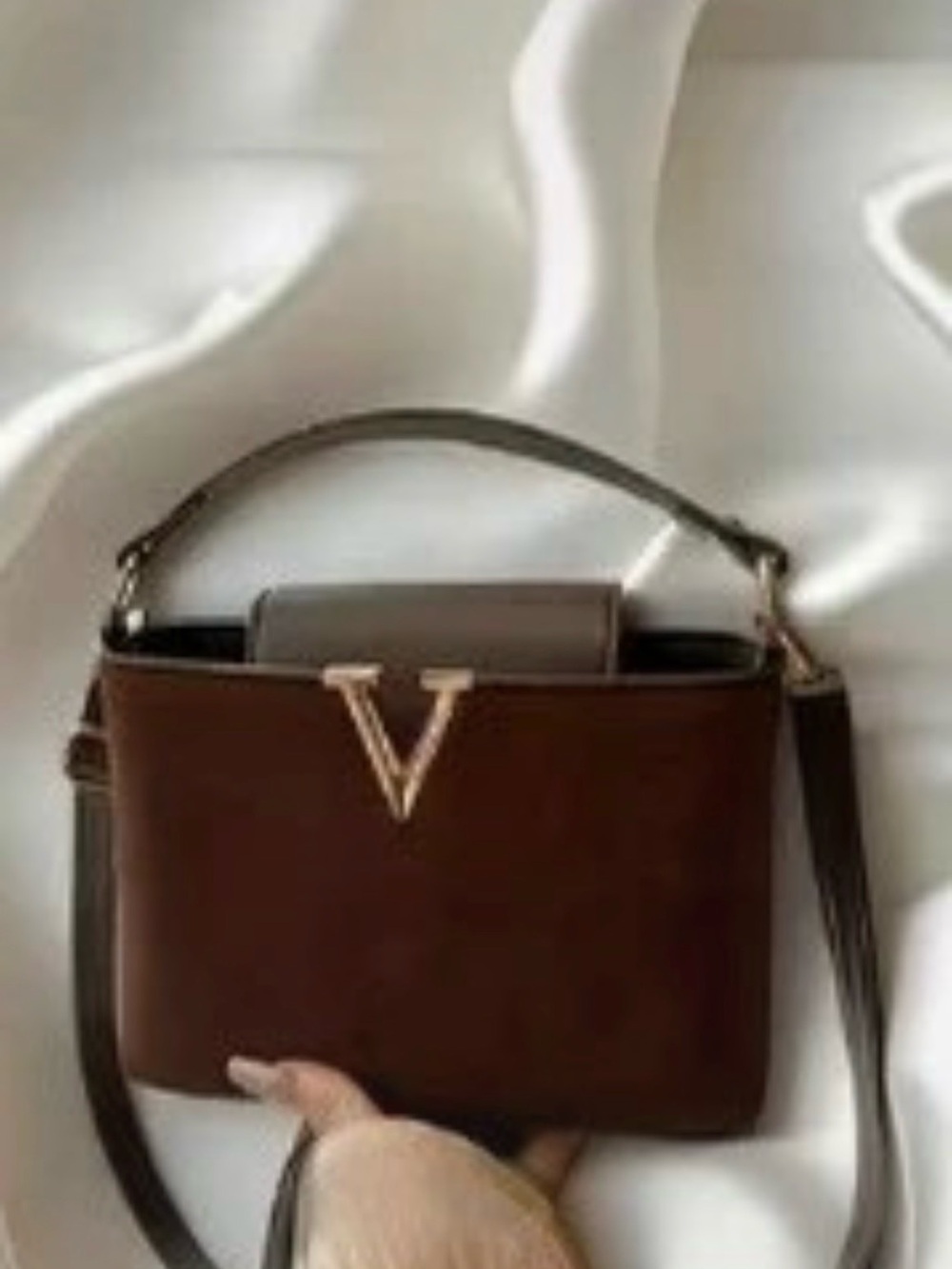 Chocolate Brown Leather Shoulder Bag with Gold Accent